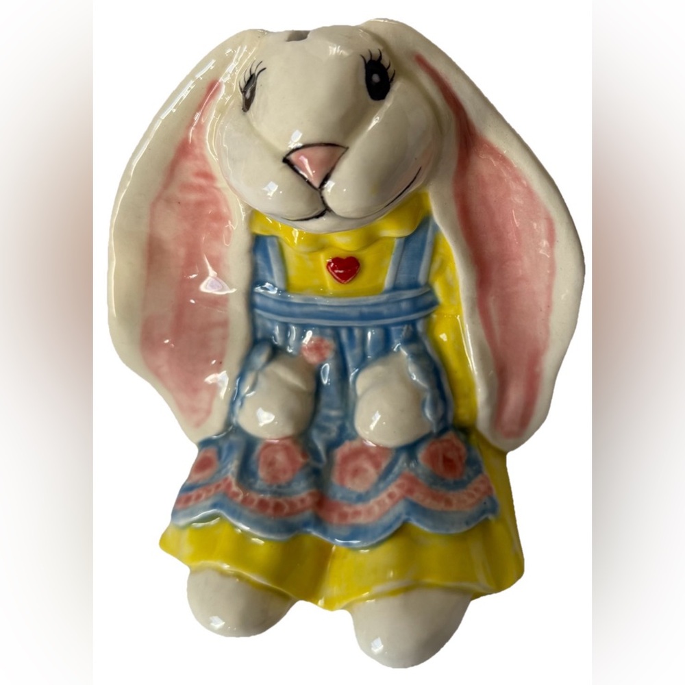 Ceramic Bunny Rabbit Coin Bank Figurine Hand Painted Easter Decor Cottage Kitsch